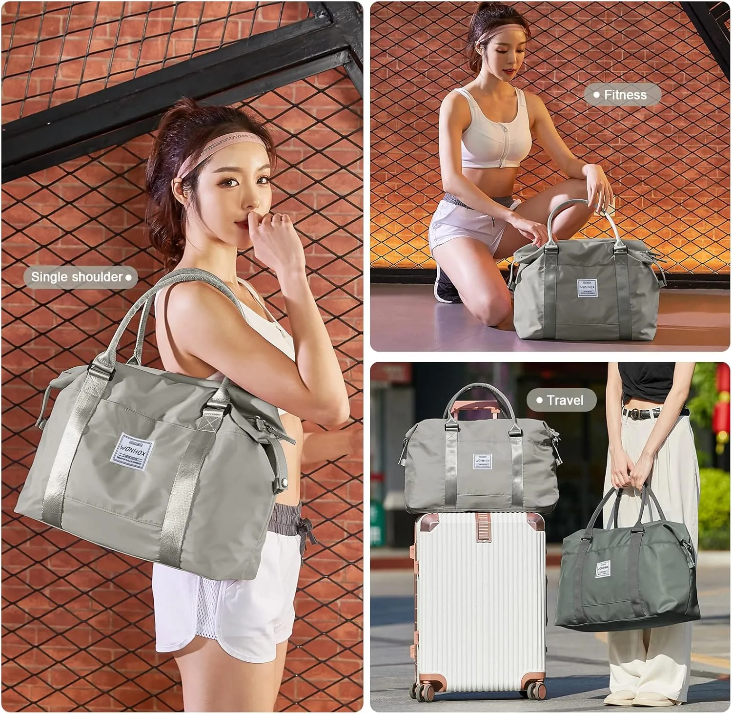 Travel Duffel Bag,Waterproof Duffel Gym Tote Bag Personal Item Bag,Large Sports Weekender Carry On Overnight Bags for Women with Wet Pocket,Duffel Hospital Bag,GreyBrown
