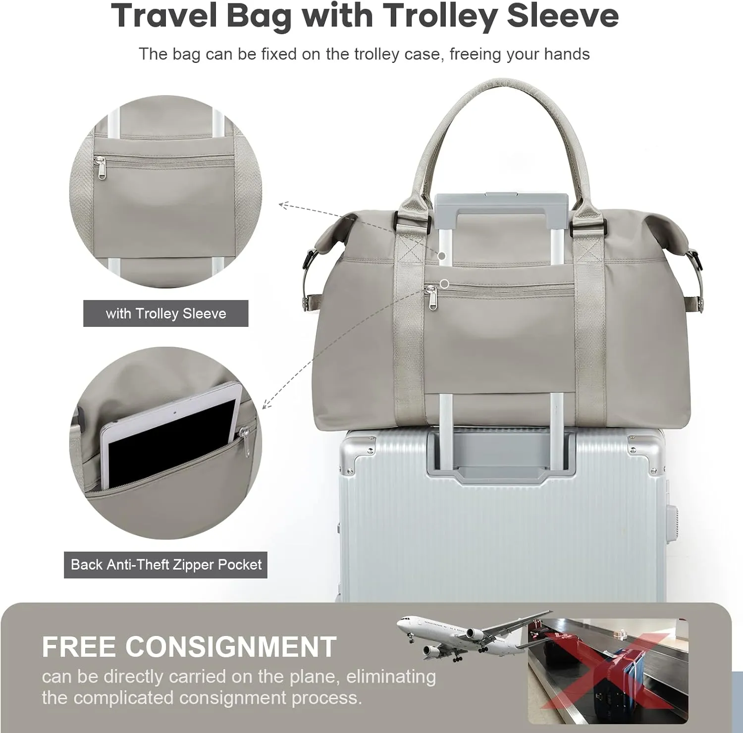 Travel Duffel Bag,Waterproof Duffel Gym Tote Bag Personal Item Bag,Large Sports Weekender Carry On Overnight Bags for Women with Wet Pocket,Duffel Hospital Bag,GreyBrown