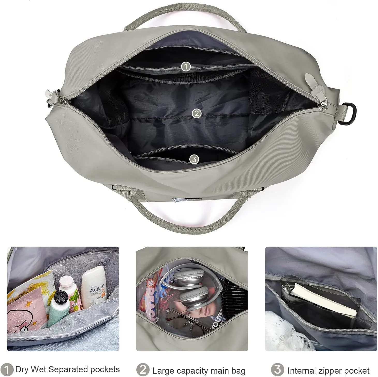Travel Duffel Bag,Waterproof Duffel Gym Tote Bag Personal Item Bag,Large Sports Weekender Carry On Overnight Bags for Women with Wet Pocket,Duffel Hospital Bag,GreyBrown