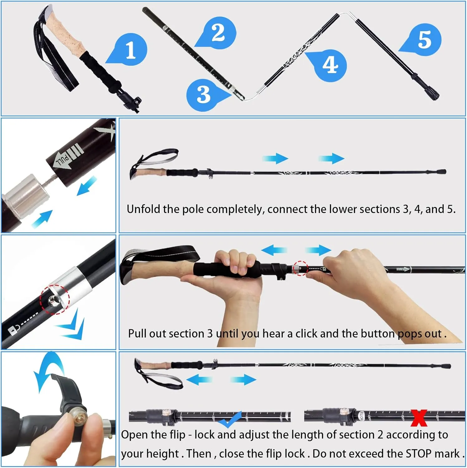 Trekking Poles Lightweight Collapsible Hiking Poles Folding Aluminum Walking Sticks 2 Pack Walking Sticks for Hiking with Cork Grip