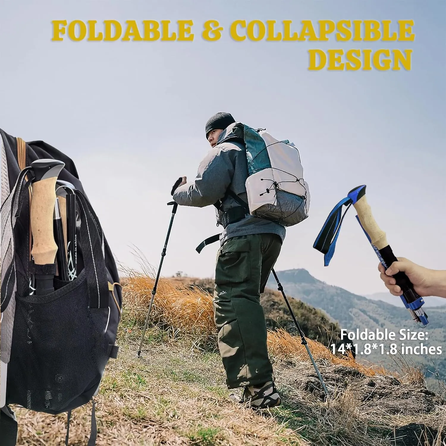 Trekking Poles Lightweight Collapsible Hiking Poles Folding Aluminum Walking Sticks 2 Pack Walking Sticks for Hiking with Cork Grip