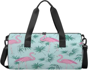 Tropical Animal Flamingo Leaves Sports Duffel Bag, Gym Tote Bag Waterproof Weekender Travel Bag for Overnight Travel Luggage Workout Women Men