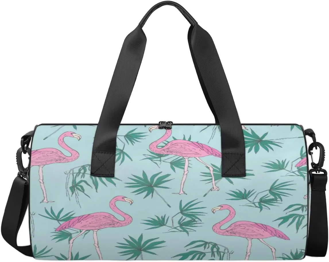 Tropical Animal Flamingo Leaves Sports Duffel Bag, Gym Tote Bag Waterproof Weekender Travel Bag for Overnight Travel Luggage Workout Women Men