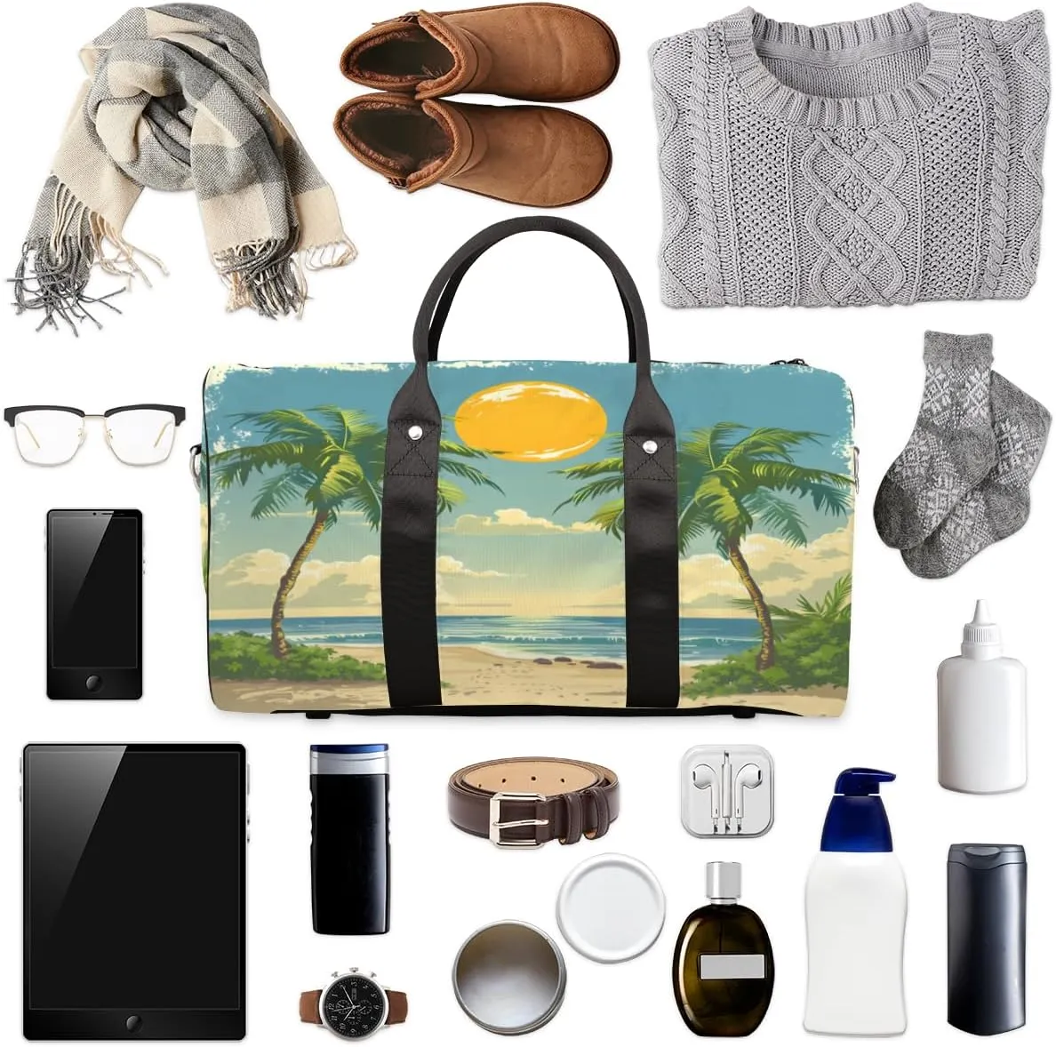 Tropical Beach Palm Tree Travel Duffle Bag, Sports Gym Bags for Women Men, Carry On Weekender Overnight Bag, Summer Coastal Nautical Workout Hospital Airplane Trips Bag