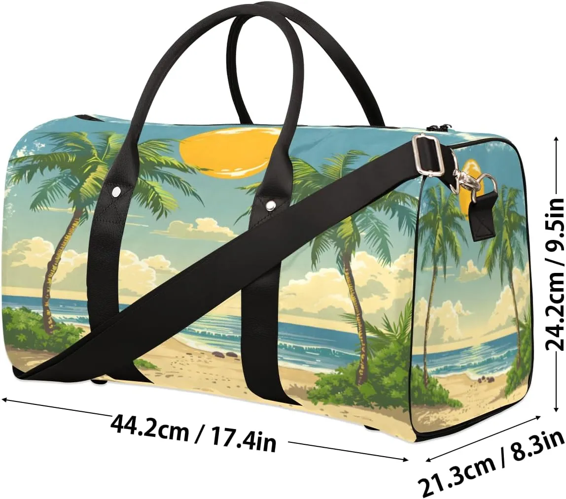 Tropical Beach Palm Tree Travel Duffle Bag, Sports Gym Bags for Women Men, Carry On Weekender Overnight Bag, Summer Coastal Nautical Workout Hospital Airplane Trips Bag