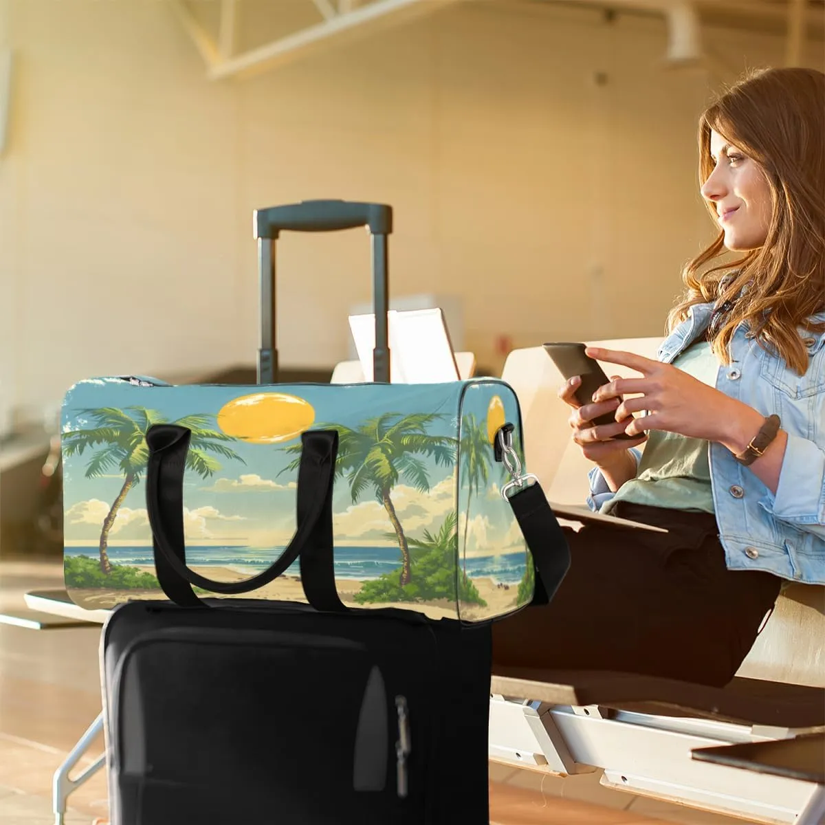 Tropical Beach Palm Tree Travel Duffle Bag, Sports Gym Bags for Women Men, Carry On Weekender Overnight Bag, Summer Coastal Nautical Workout Hospital Airplane Trips Bag