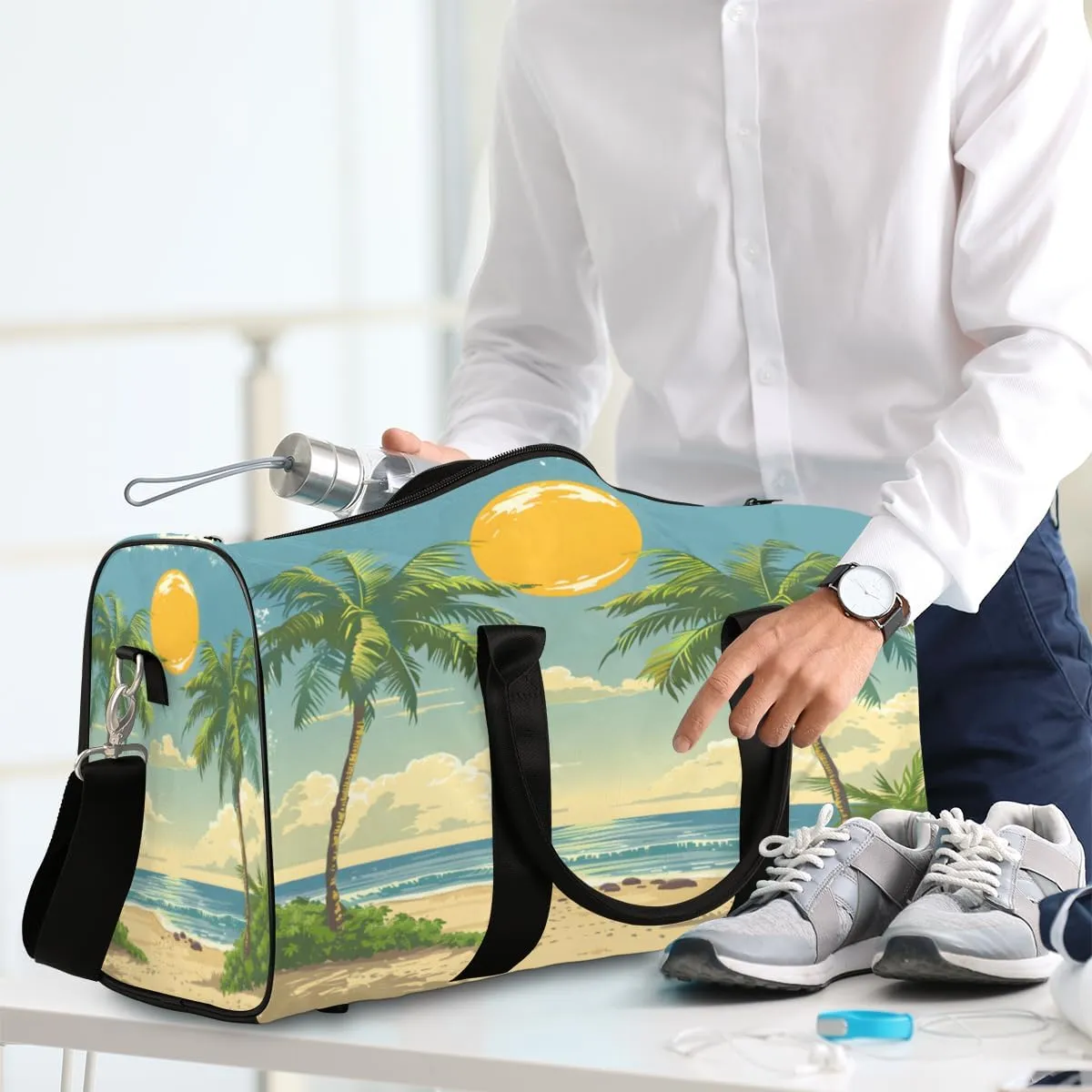 Tropical Beach Palm Tree Travel Duffle Bag, Sports Gym Bags for Women Men, Carry On Weekender Overnight Bag, Summer Coastal Nautical Workout Hospital Airplane Trips Bag