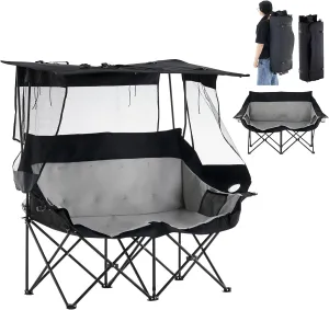 TUKAILAi Double Camping Chair with Canopy Shade, Oversized Folding 2 Person Loveseat with Cup Holders and Side Pockets, Portable Outdoor Couch for Beach Lawn Picnic Fishing (Black   Grey)