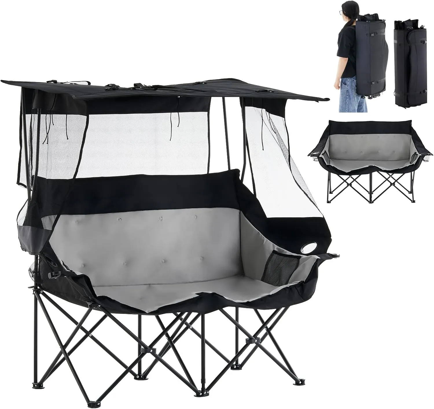 TUKAILAi Double Camping Chair with Canopy Shade, Oversized Folding 2 Person Loveseat with Cup Holders and Side Pockets, Portable Outdoor Couch for Beach Lawn Picnic Fishing (Black   Grey)