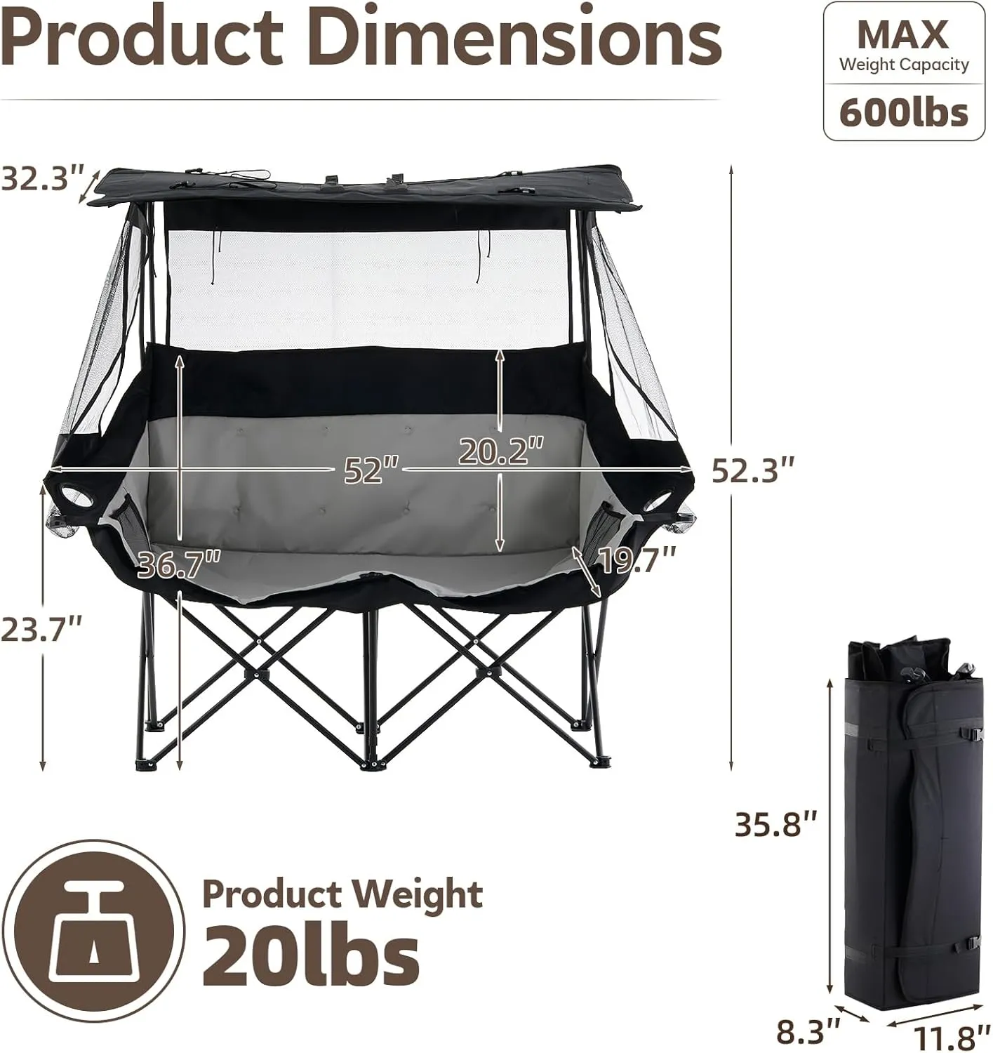 TUKAILAi Double Camping Chair with Canopy Shade, Oversized Folding 2 Person Loveseat with Cup Holders and Side Pockets, Portable Outdoor Couch for Beach Lawn Picnic Fishing (Black   Grey)
