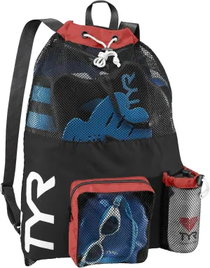 TYR Big Mesh Mummy Backpack for Swim, Gym and Workout Gear, Black, 40-Liter Capacity