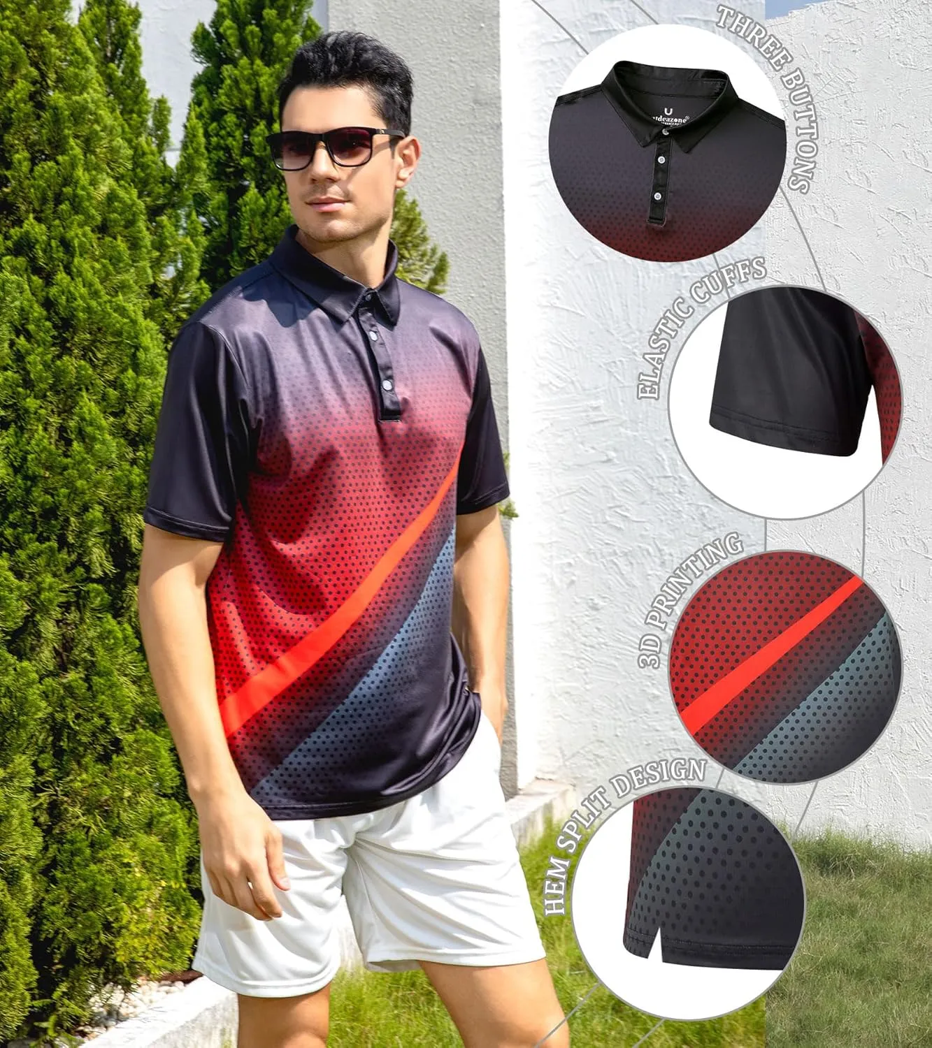uideazone Mens Golf Shirt Dry Fit Athletic Polo Shirts Moisture Wicking Performance 3D Print Short Sleeve