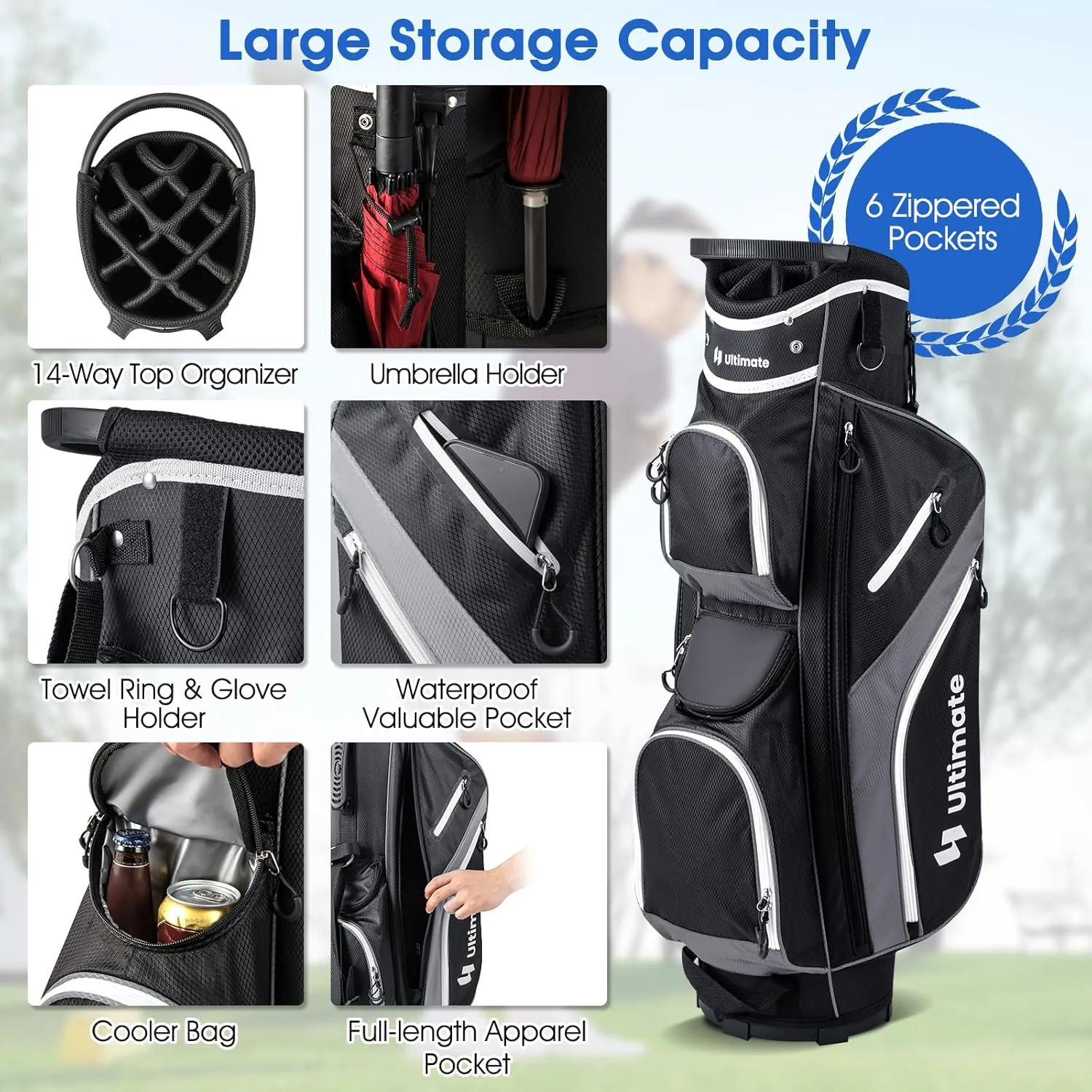 ULTIMATE 14-Way Golf Stand Bag, Portable Golf Bag w/ 6 Pockets,Cooler Bag & Waterproof Valuable Pocket, Rain Hood, Ergonomic Dual Strap System & Carrying Handles, 5 LBS Lightweight for Adults