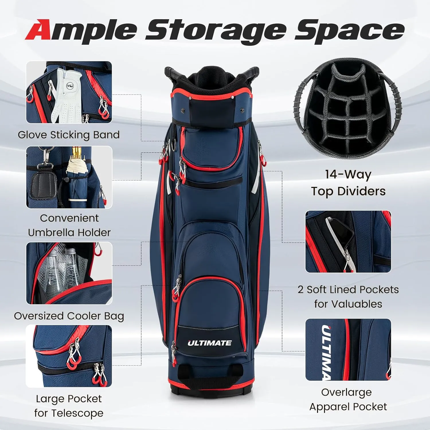 ULTIMATE Golf Cart Bag, 14 Way Top Dividers Golf Carry Bag w/Pockets & Umbrella Holder, Portable Golf Club Bag w/Soft Shoulder Strap & Rain Hood, Lightweight Golf Bag for Women & Men