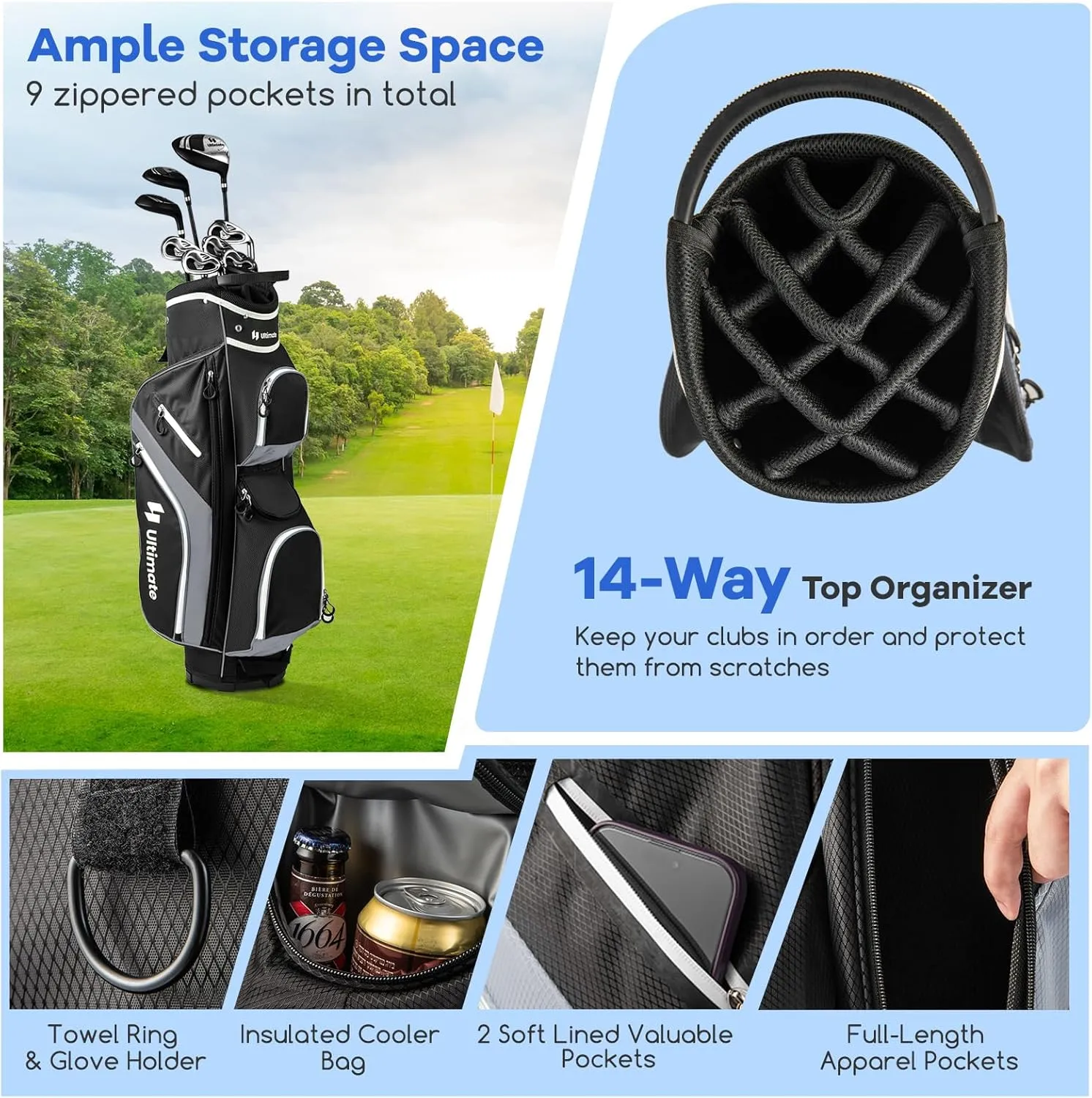 ULTIMATE Golf Cart Bag with 14-Way Top Dividers, Golf Club Bag w/ 9 Pockets incl. Cooler Bag, Rain Hood/Dust Cover, Detachable Shoulder Strap & Carry Handles, Lightweight for Men & Women