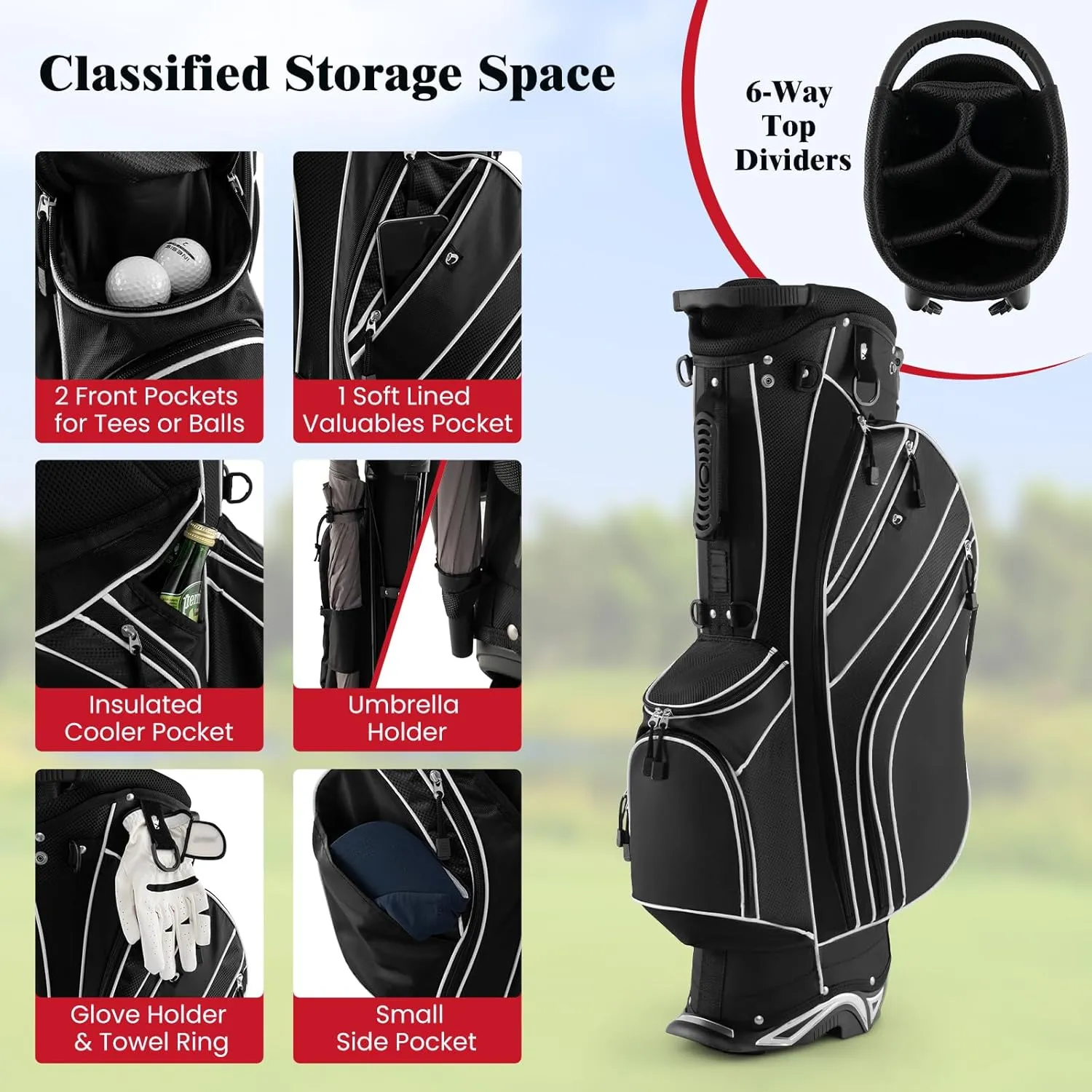 ULTIMATE Golf Stand Bag, 6 Way Top Dividers Golf Bag w/Pockets & Cooler Bag, Lightweight Portable Golf Club Bag w/Dual Shoulder Strap & Rain Hood, Golf Carry Bag for Women & Men