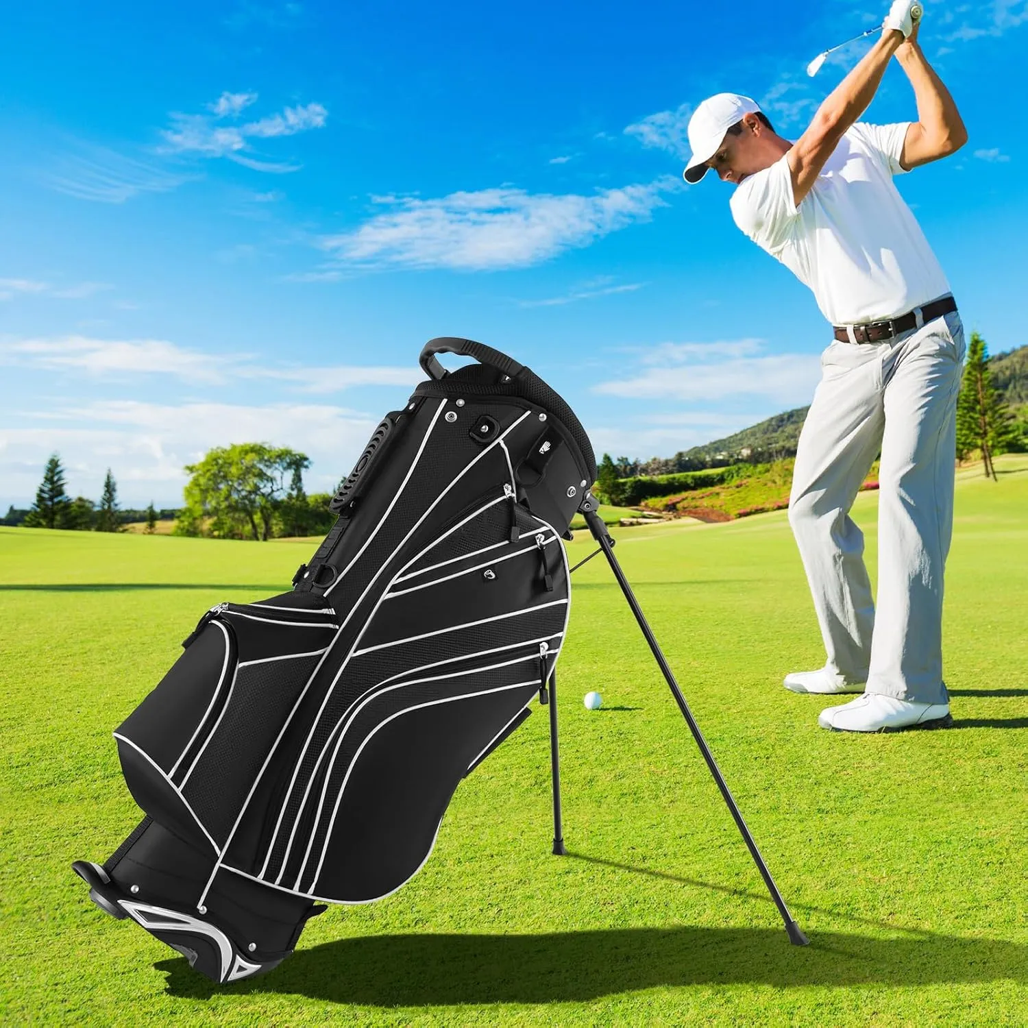 ULTIMATE Golf Stand Bag, 6 Way Top Dividers Golf Bag w/Pockets & Cooler Bag, Lightweight Portable Golf Club Bag w/Dual Shoulder Strap & Rain Hood, Golf Carry Bag for Women & Men