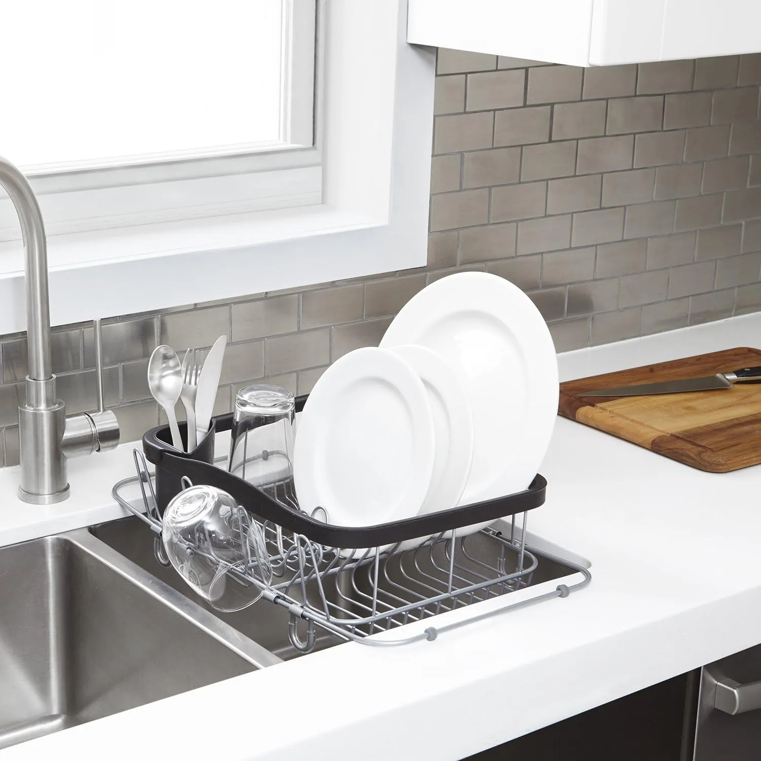 Umbra Sinkin Dish Drying Rack – Drainer with Cup Holders and Removable Cutlery Caddy – Use Over Sink, in Sink, or On Counter, Deluxe, Black/Nickel