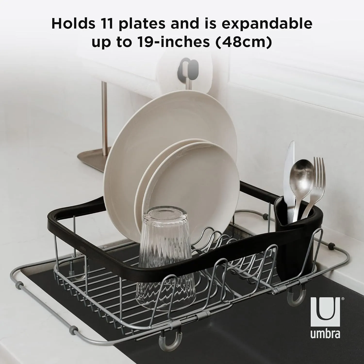 Umbra Sinkin Dish Drying Rack – Drainer with Cup Holders and Removable Cutlery Caddy – Use Over Sink, in Sink, or On Counter, Deluxe, Black/Nickel