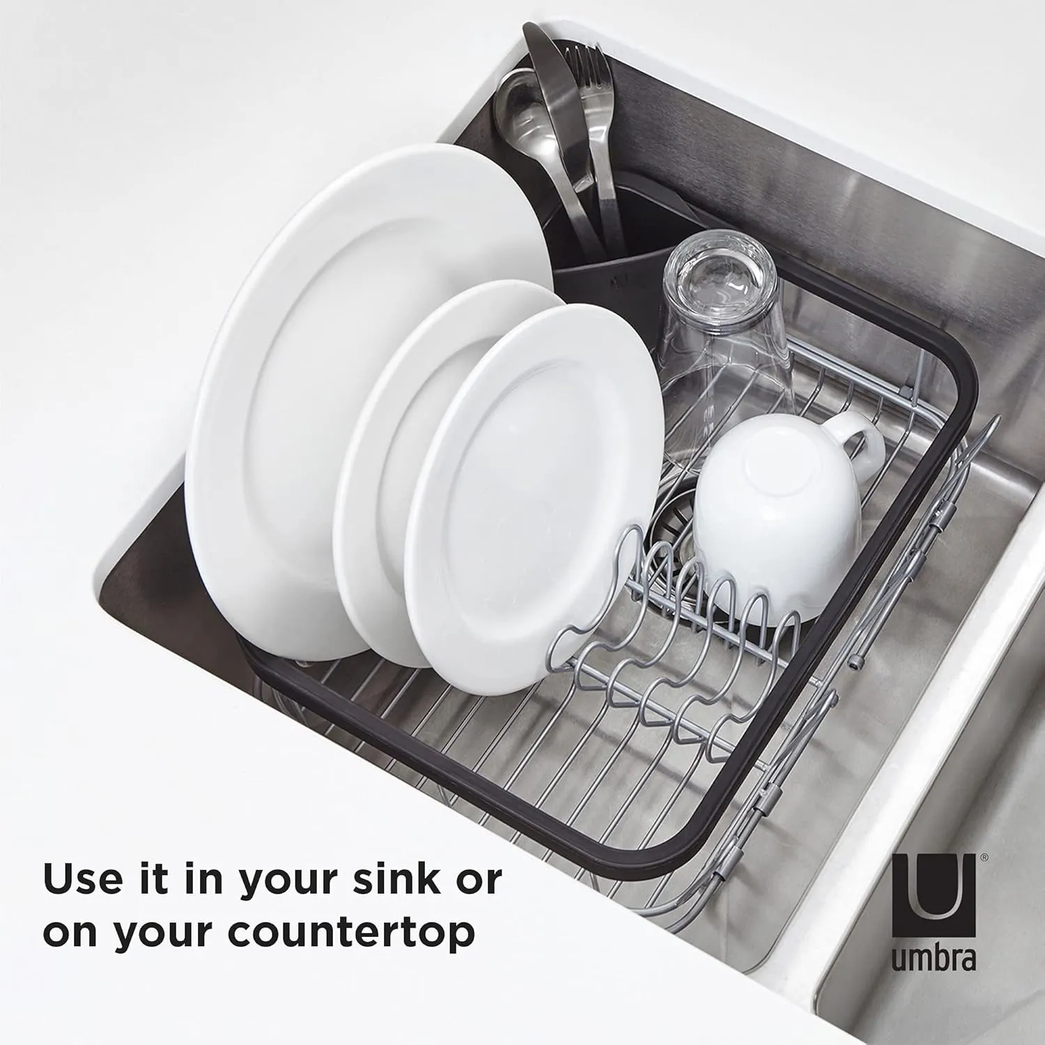 Umbra Sinkin Dish Drying Rack – Drainer with Cup Holders and Removable Cutlery Caddy – Use Over Sink, in Sink, or On Counter, Deluxe, Black/Nickel