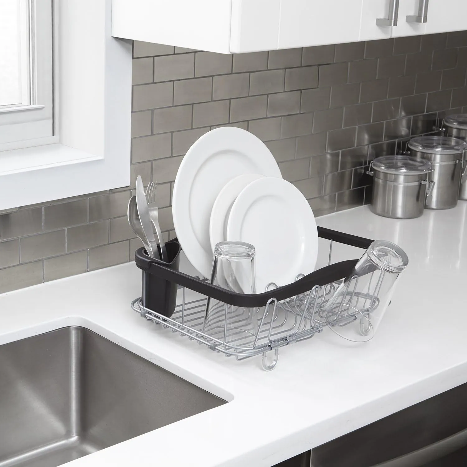 Umbra Sinkin Dish Drying Rack – Drainer with Cup Holders and Removable Cutlery Caddy – Use Over Sink, in Sink, or On Counter, Deluxe, Black/Nickel
