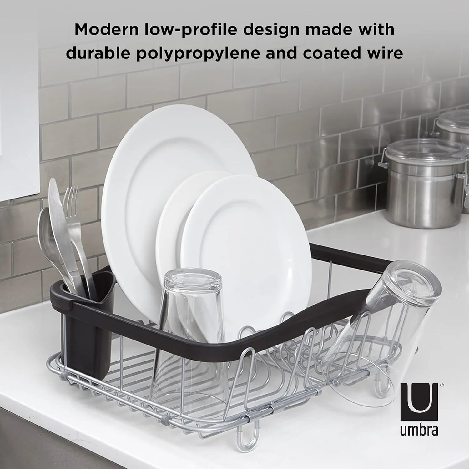 Umbra Sinkin Dish Drying Rack – Drainer with Cup Holders and Removable Cutlery Caddy – Use Over Sink, in Sink, or On Counter, Deluxe, Black/Nickel