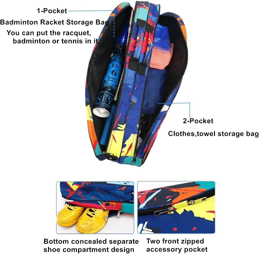 UNISTRENGH Badminton Racket Bag Waterproof Tennis Racquet Single Shoulder Bags 3 to 6 Racquet Tote Pack for Men Women Youth and Adult