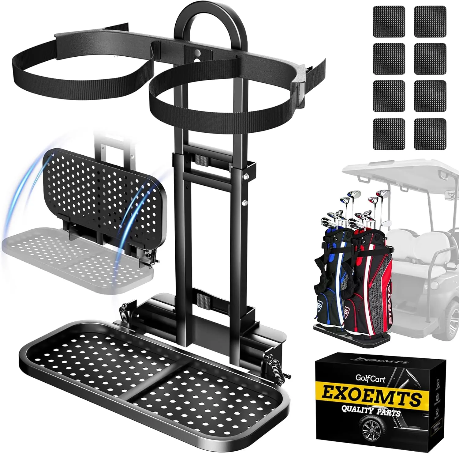 Universal Foldable Golf Cart Rear Seat Bag Holder, Upgraded Golf Cart Rear Seat Bag Rack for EZGO Club Car Yamaha, Fits Safety Grip Bar Maximum 8'' Wide, Preinstalled, Space-Saving, No-Drill