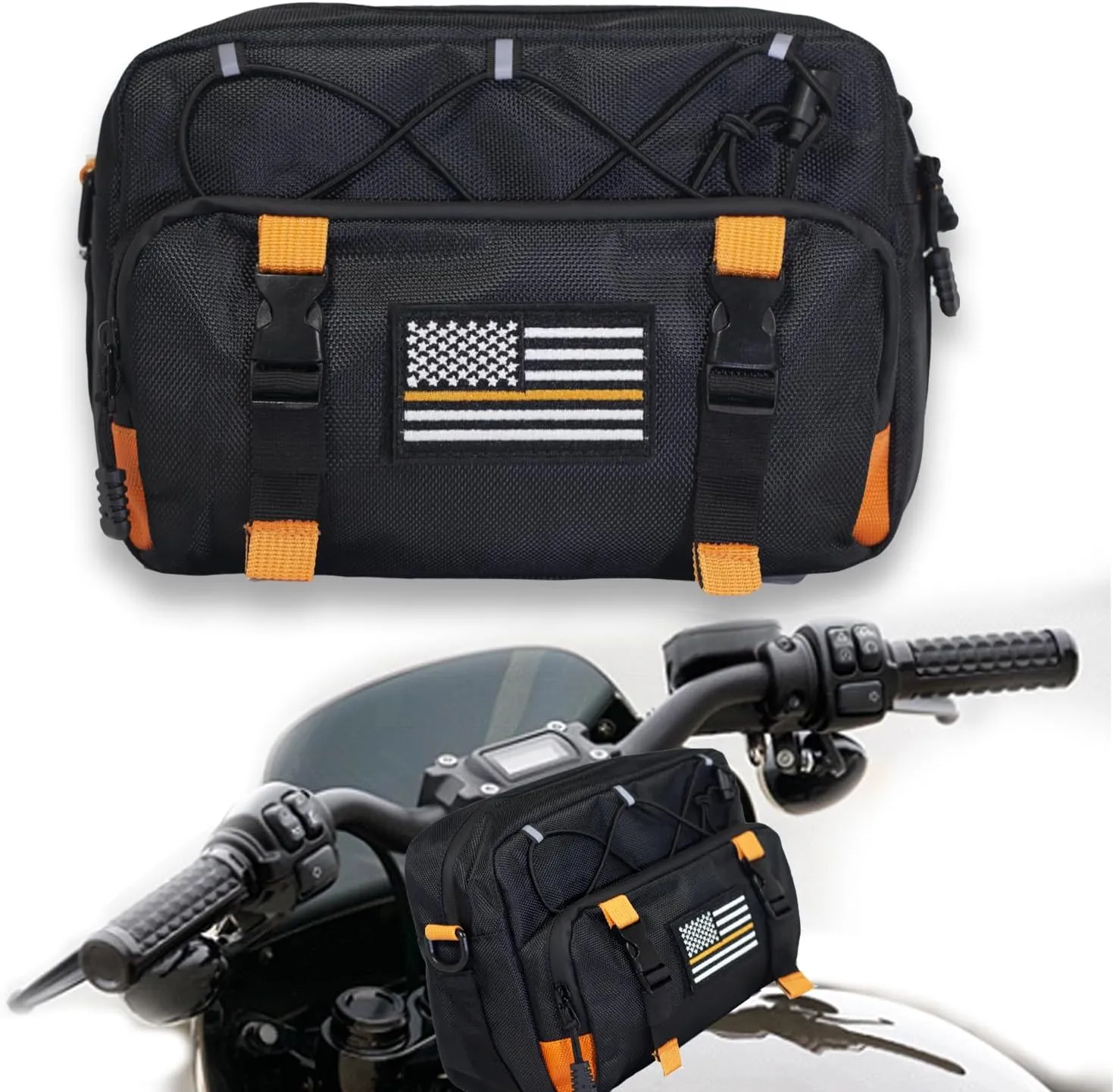 Universal Motorcycle Handlebar Bag - Black American Flag 1680D Water-resistant Tool Fork Sissy Bar Bag for Motorbike Cruiser Softail Dyna Sportsters Dirt Bike Bicycle ATV