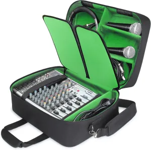 USA GEAR Audio Mixer Case - DJ Mixer Travel Bag with Customizable Interior & Water Resistant Exterior Compatible with Behringer Q1202USB, Mackie ProFX8v2, Yamaha MG10XU & More - Green