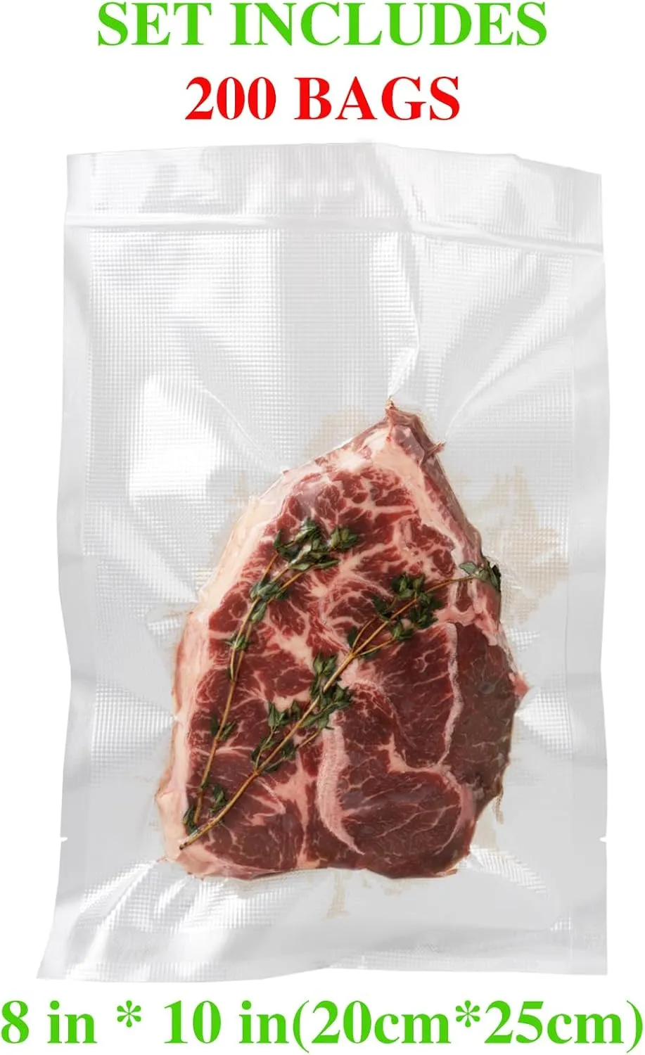 Vacuum Sealer Bags 200 Pcs 8" x 10", BPA Free, Commercial Grade Textured Food Vacuum Sealer Bag, Thick Embossed Bags for Storage and Sous Vide Cooking