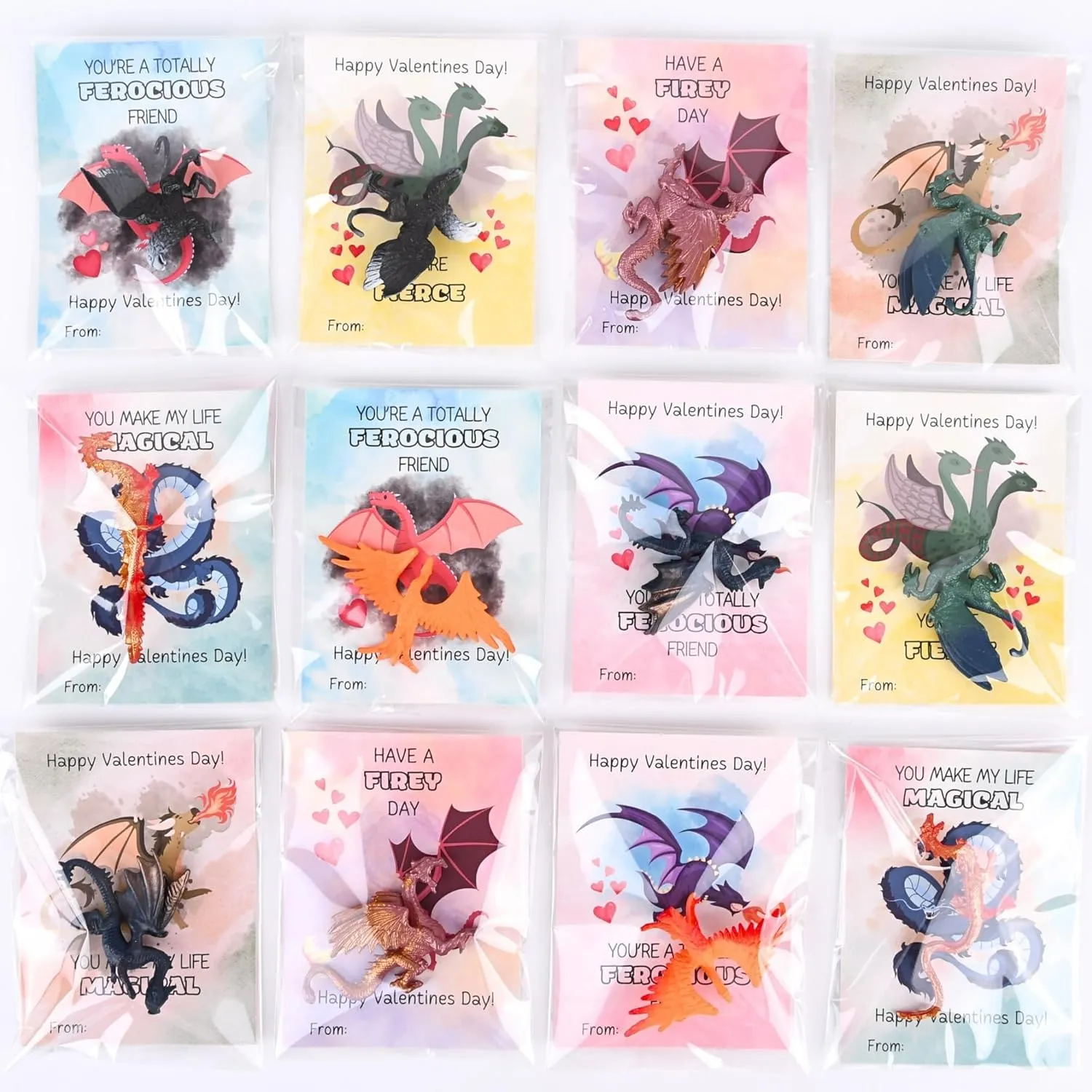 Valentines Cards for Kids Classroom - 36 Sets Dragon Valentines Day Exchange Gifts with Greeting Cards & Plastic Dragon Figures for Class School Boys Girls Children