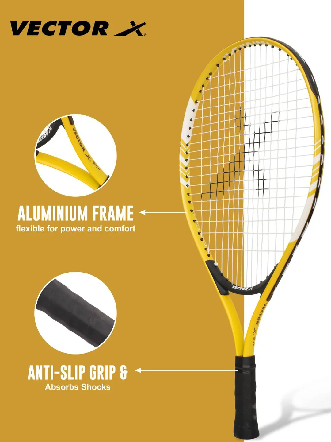 VECTOR X VXT 520 21 inches with full cover Strung Yellow Strung G1 Tennis Racquet