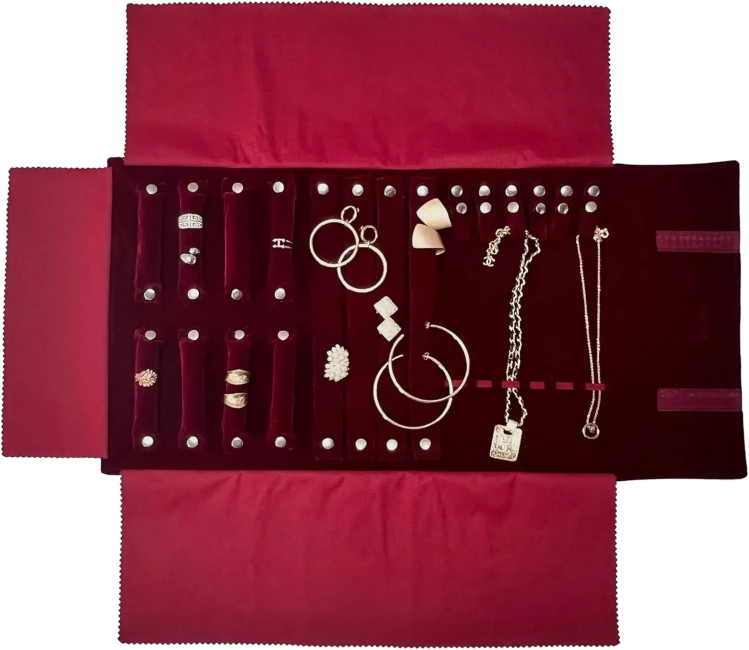 Velvet Jewelry Case Roll Bag for Necklace Bracelet Earrings Rings Multi-compartments, Great Jewelry Organizer for Travel, Burgundy