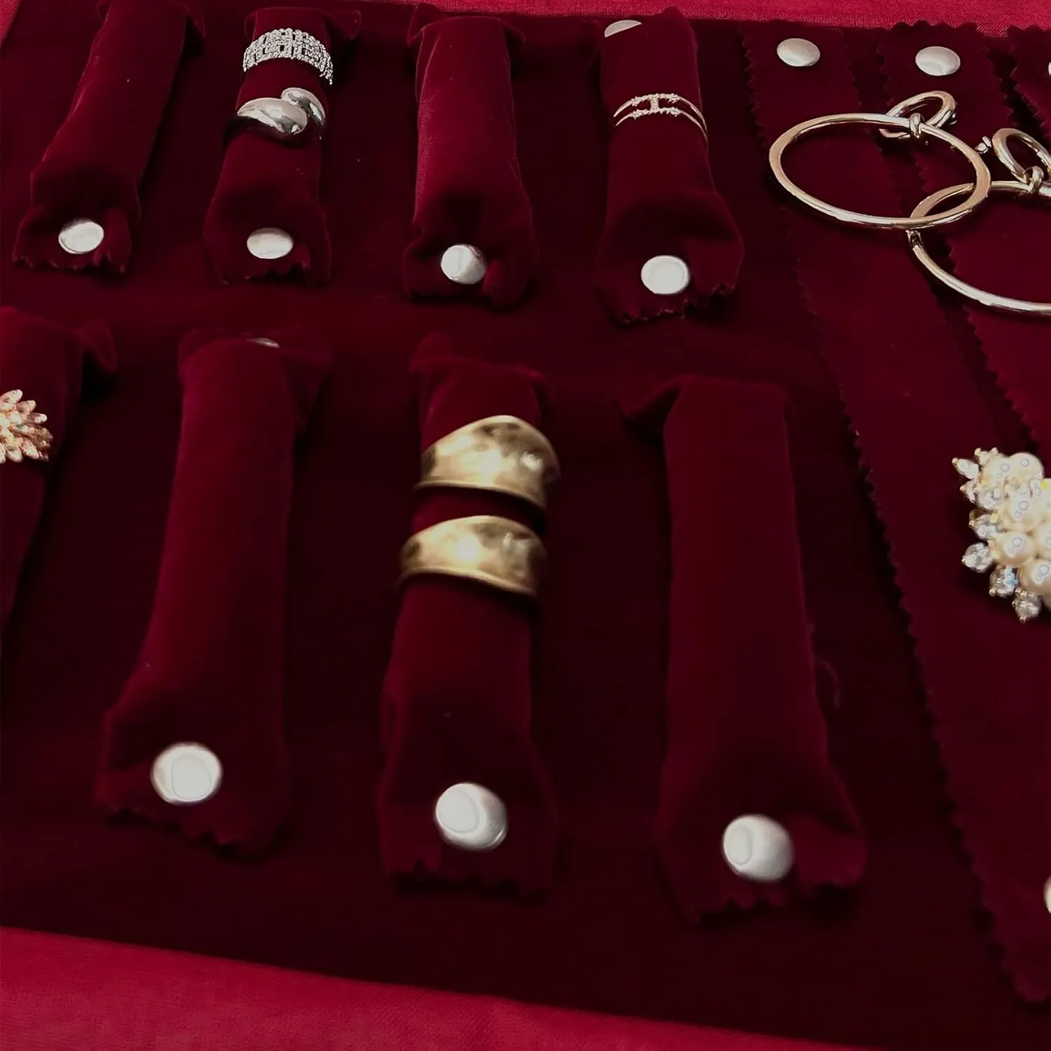 Velvet Jewelry Case Roll Bag for Necklace Bracelet Earrings Rings Multi-compartments, Great Jewelry Organizer for Travel, Burgundy