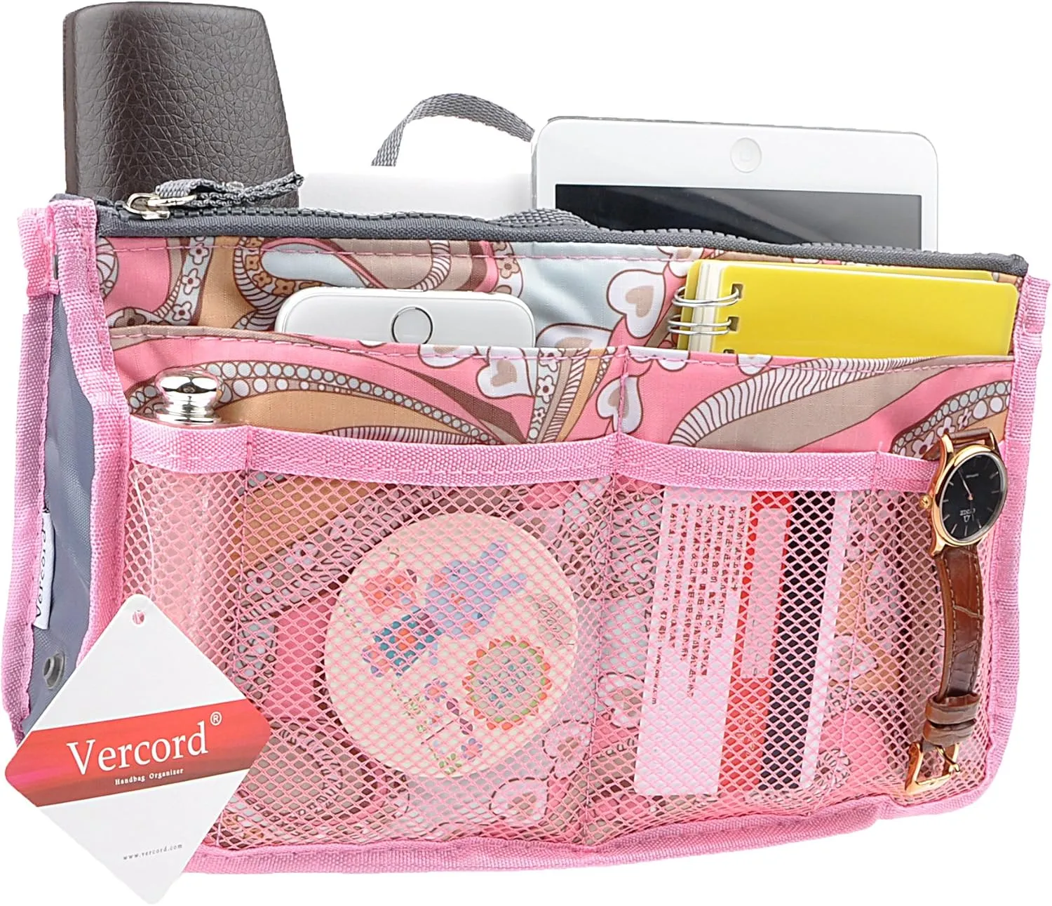 Vercord Purse Organizer Insert for Handbags Bag Organizers Inside Tote Pocketbook Women Nurse Nylon 13 Pockets Pink Flowers Medium