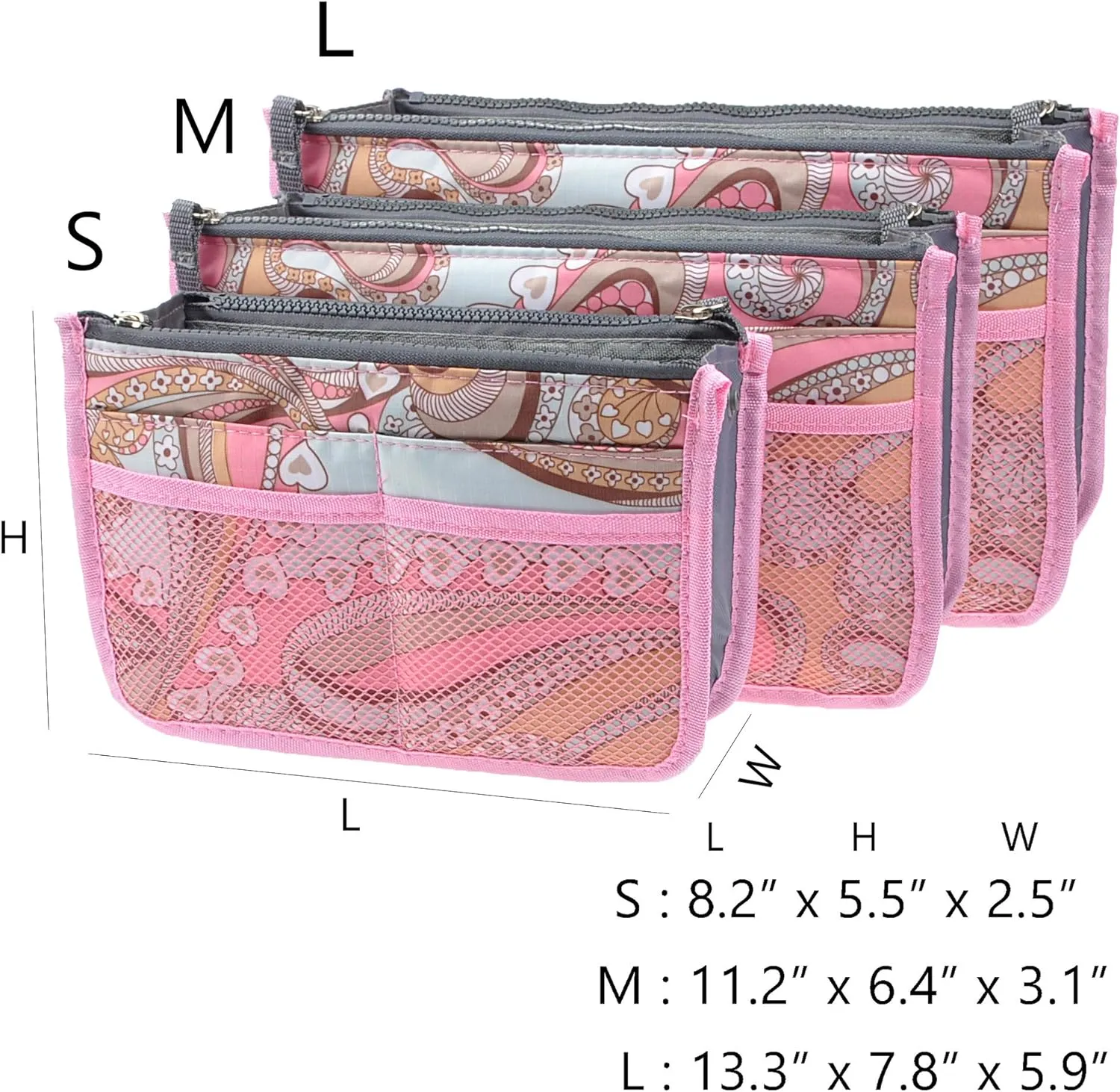 Vercord Purse Organizer Insert for Handbags Bag Organizers Inside Tote Pocketbook Women Nurse Nylon 13 Pockets Pink Flowers Medium