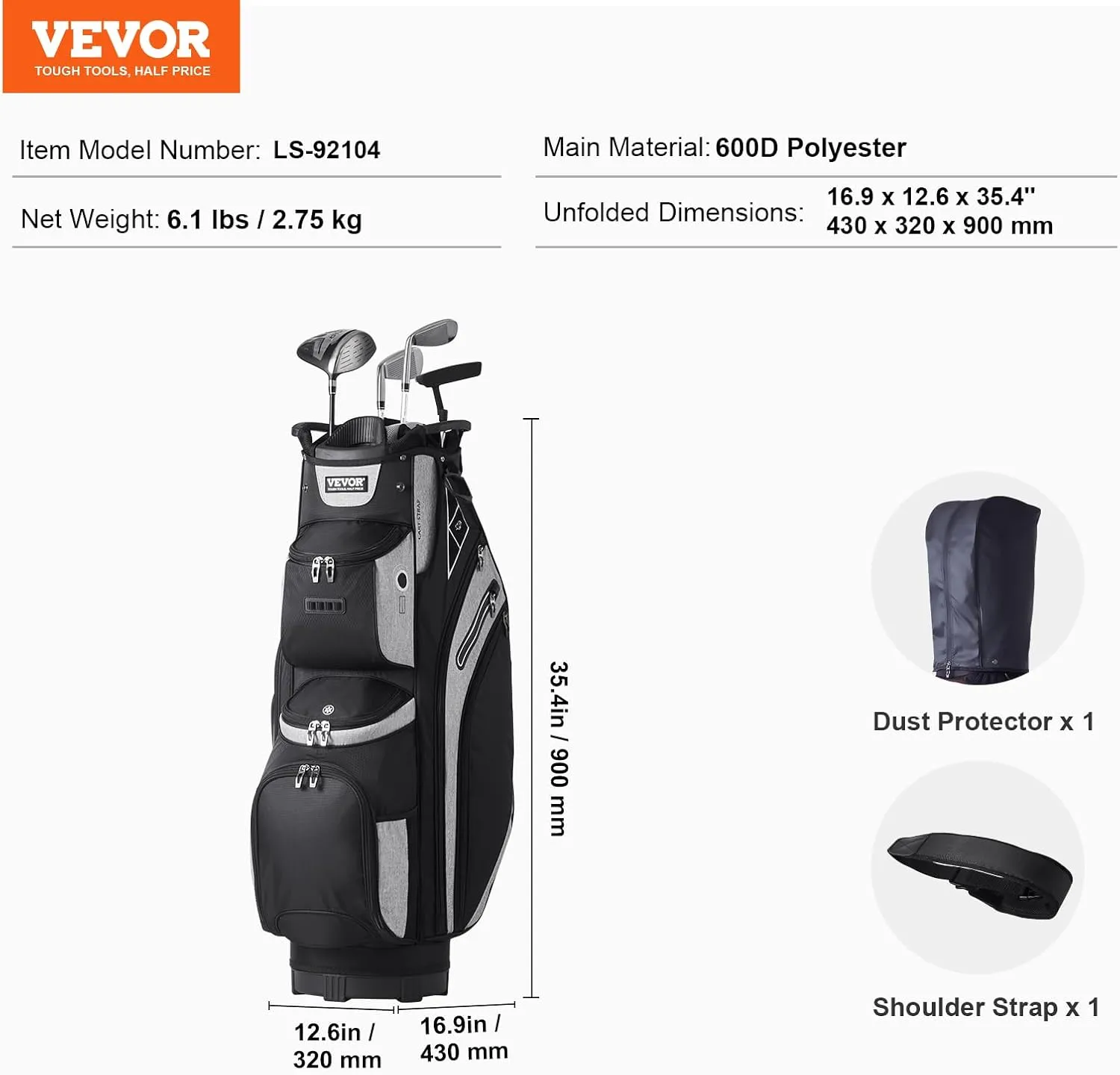 VEVOR Golf Cart Bag with 14 Way Organizer Divider Top, Premium Cart Bag with Stand, Durable Golf Bags with Handles & Dust Cover & Detachable Dual Strap for Men & Women