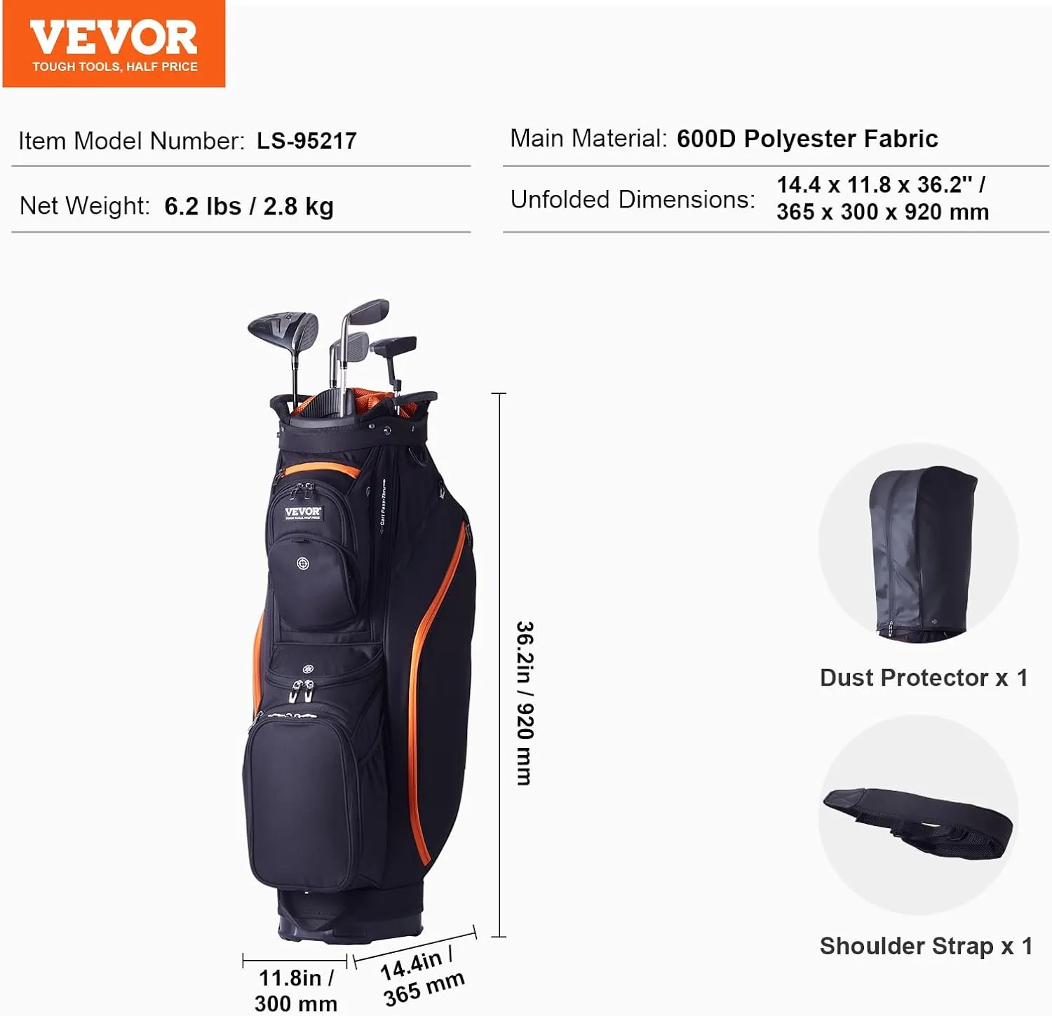 VEVOR Golf Cart Bag with 14 Way Organizer Divider Top, Premium Cart Bag with Stand, Durable Golf Bags with Handles & Dust Cover & Detachable Dual Strap for Men & Women