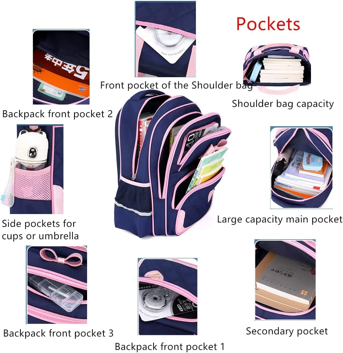 VIDOSCLA School Bags for Girls 2Pcs Bowknot Girls Backpack Elementary Princess Bookbag Sets for School