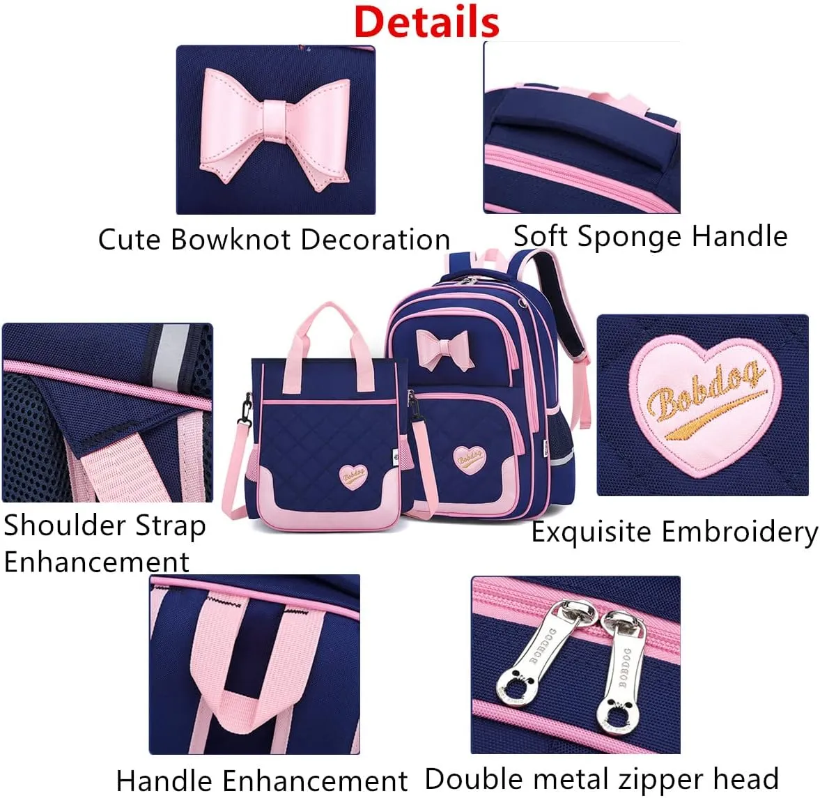 VIDOSCLA School Bags for Girls 2Pcs Bowknot Girls Backpack Elementary Princess Bookbag Sets for School