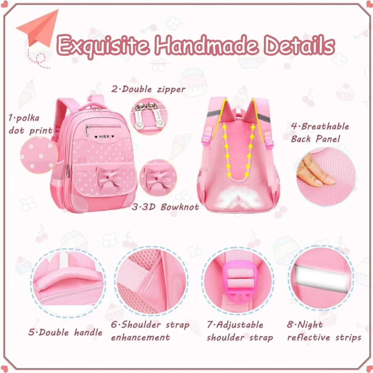 VIDOSCLA School Bags for Girls,2Pcs Bowknot Students Backpack,Elementary Princess Bookbag Sets for School