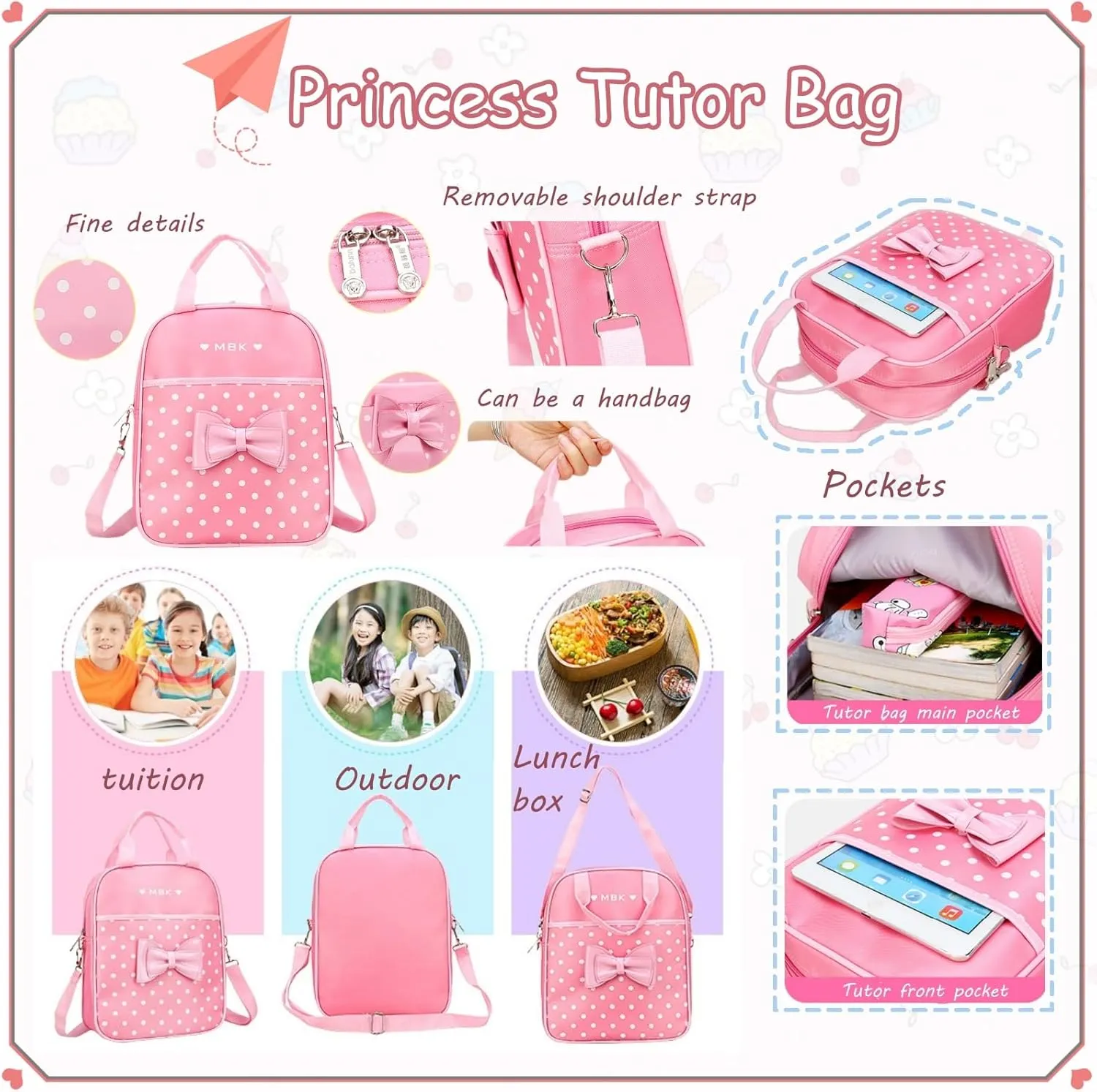 VIDOSCLA School Bags for Girls,2Pcs Bowknot Students Backpack,Elementary Princess Bookbag Sets for School