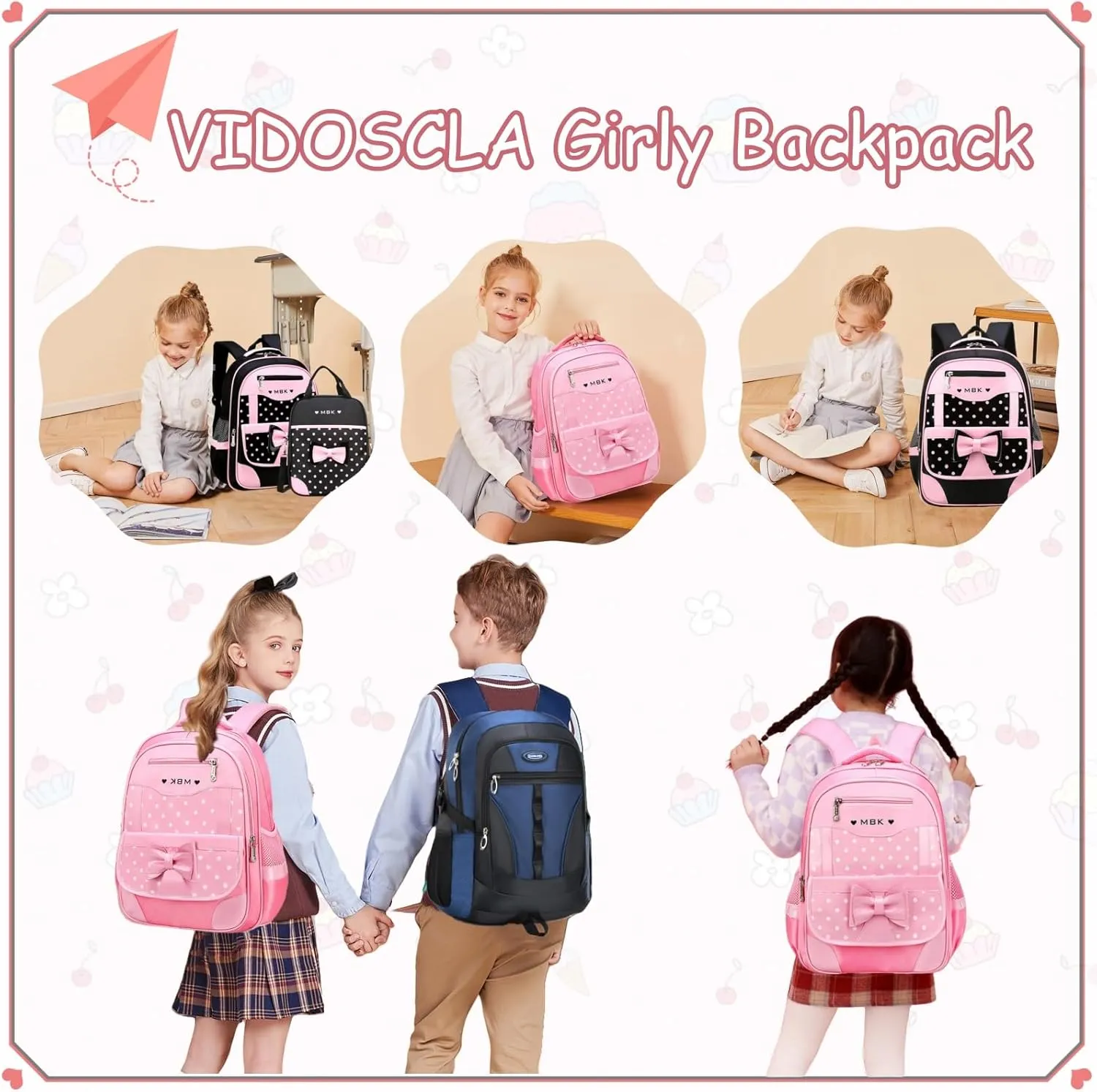 VIDOSCLA School Bags for Girls,2Pcs Bowknot Students Backpack,Elementary Princess Bookbag Sets for School