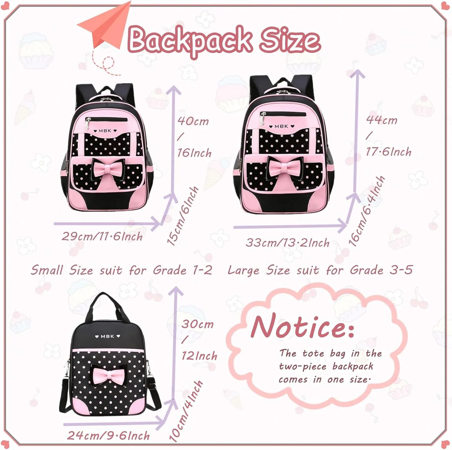 VIDOSCLA School Bags for Girls,2Pcs Bowknot Students Backpack,Elementary Princess Bookbag Sets for School