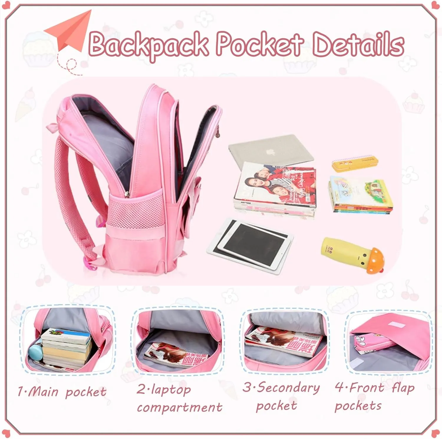 VIDOSCLA School Bags for Girls,2Pcs Bowknot Students Backpack,Elementary Princess Bookbag Sets for School