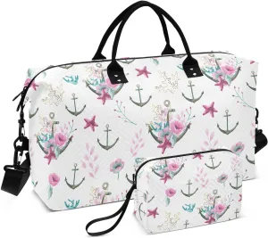 VIGTRO Travel Duffel Bag Weekender Overnight Bag with Toiletry Bag Watercolor Marine Anchor Printed, Carry On Luggage Bag Seaweed Corals Flowers for Hospital Gym Travel Business, 2 Pcs Set