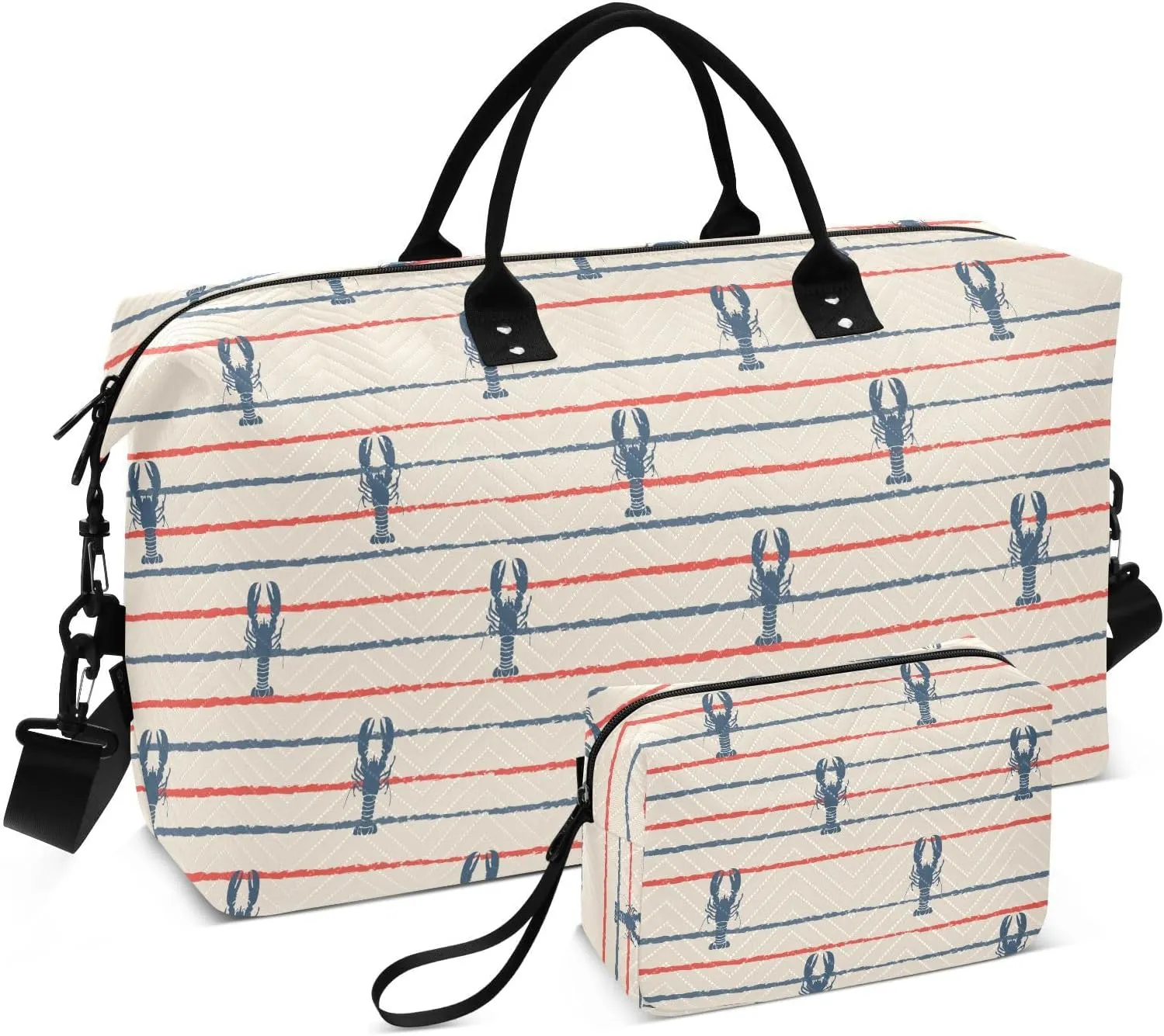 VIGTRO Weekender Bag Travel Duffle Bag for Women Men Seafood Lobster Printed, Overnight Bag for Gym Work with Toiletry Bag, Retro Marine 2 PCS Set