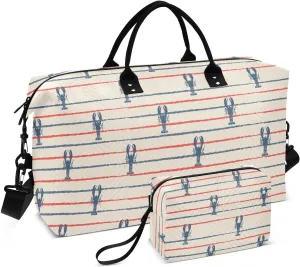 VIGTRO Weekender Bag Travel Duffle Bag for Women Men Seafood Lobster Printed, Overnight Bag for Gym Work with Toiletry Bag, Retro Marine 2 PCS Set