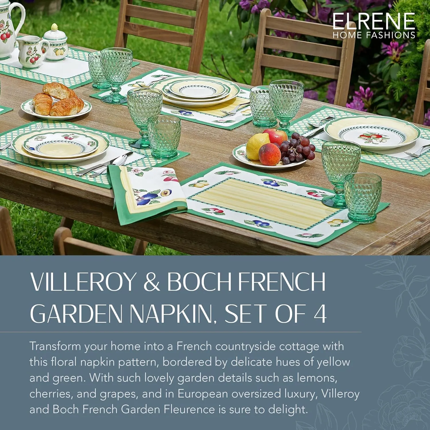 Villeroy & Boch French Garden Cotton Fabric Napkin (Set of 4), 21"x21", Multi, 4 Count